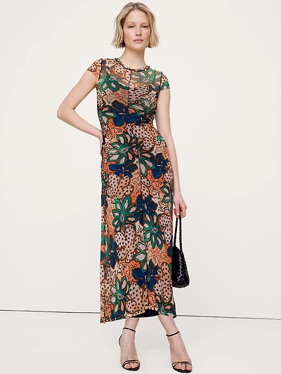 Ruched Mesh Short-Sleeve Midi Dress
