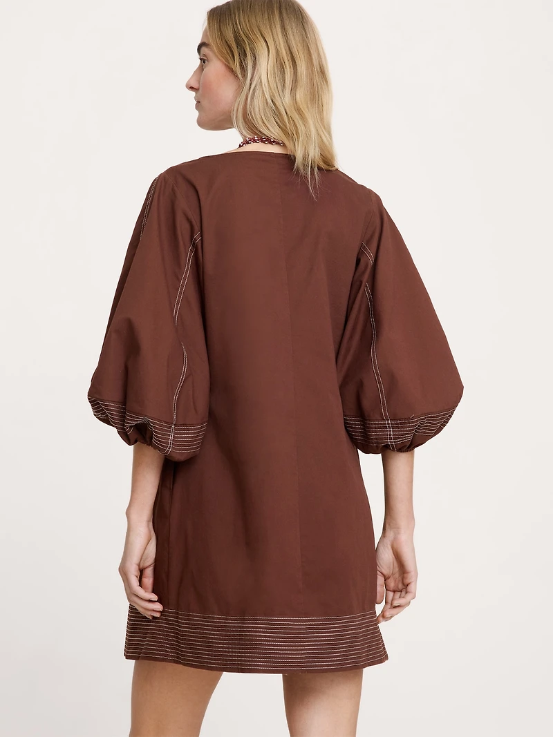 Cotton-Twill Lantern-Sleeve Mini Dress