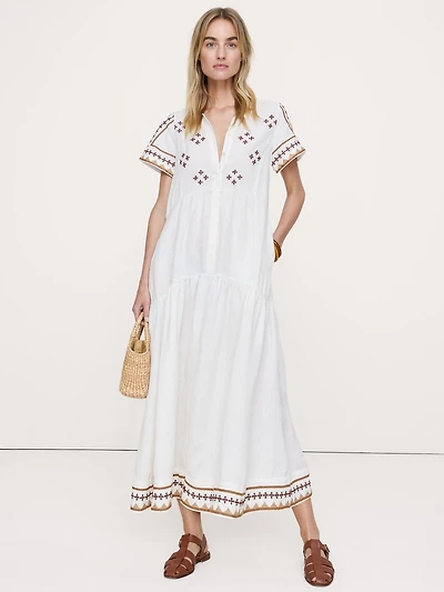 Embroidered Linen Tiered Maxi Dress