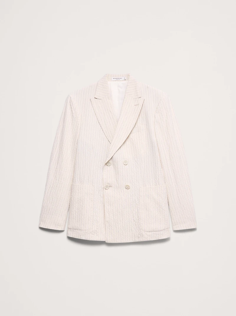 Double-Breasted Italian Cotton-Linen Seersucker Suit Jacket