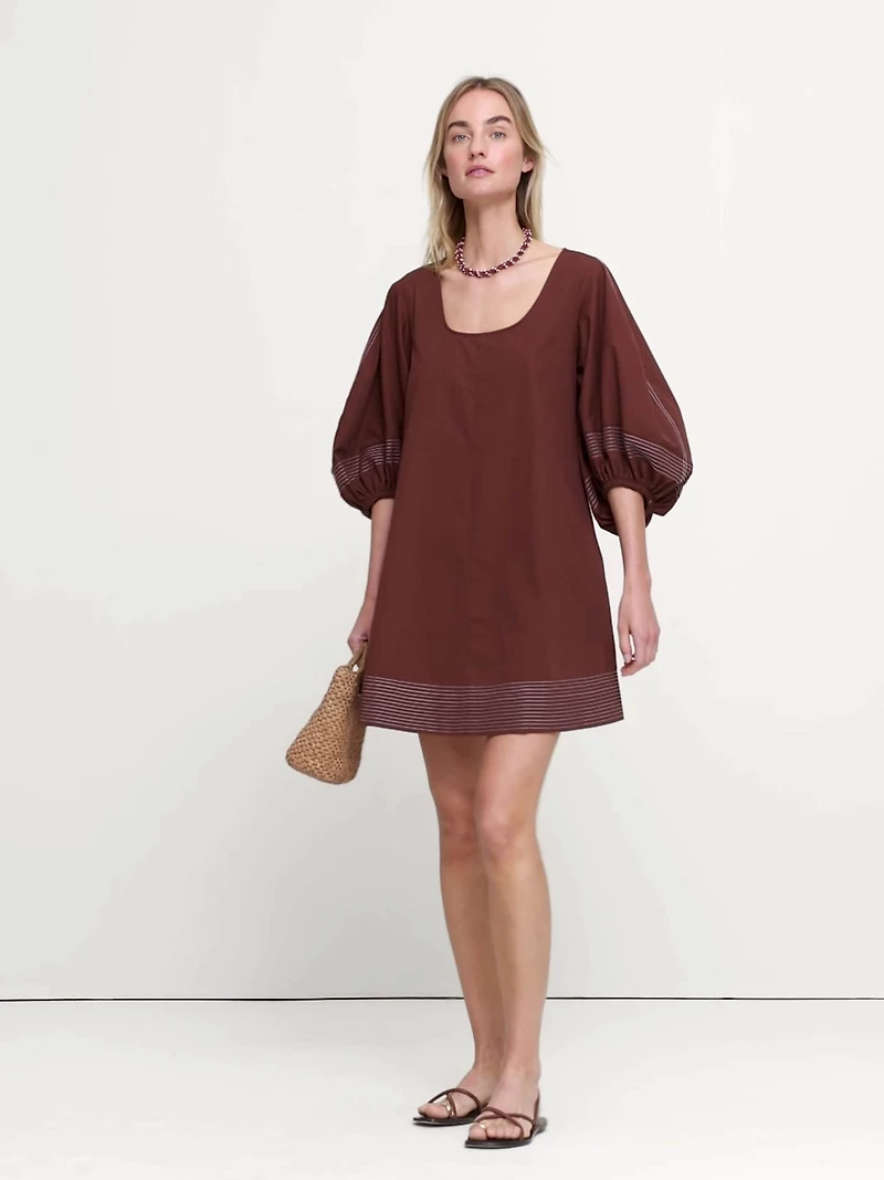 Cotton-Twill Lantern-Sleeve Mini Dress