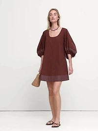 Cotton-Twill Lantern-Sleeve Mini Dress