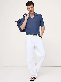 Linen-Cotton Johnny-Collar Sweater Polo