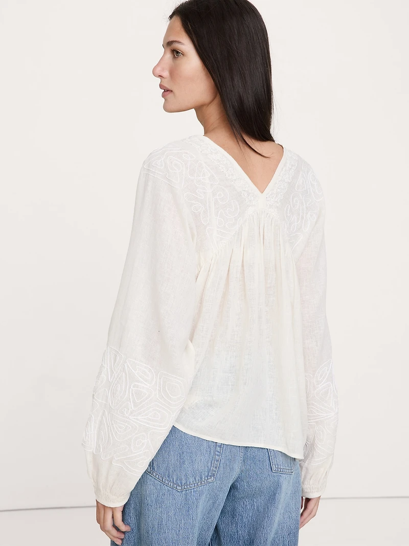 Embroidered Linen-Cotton Top