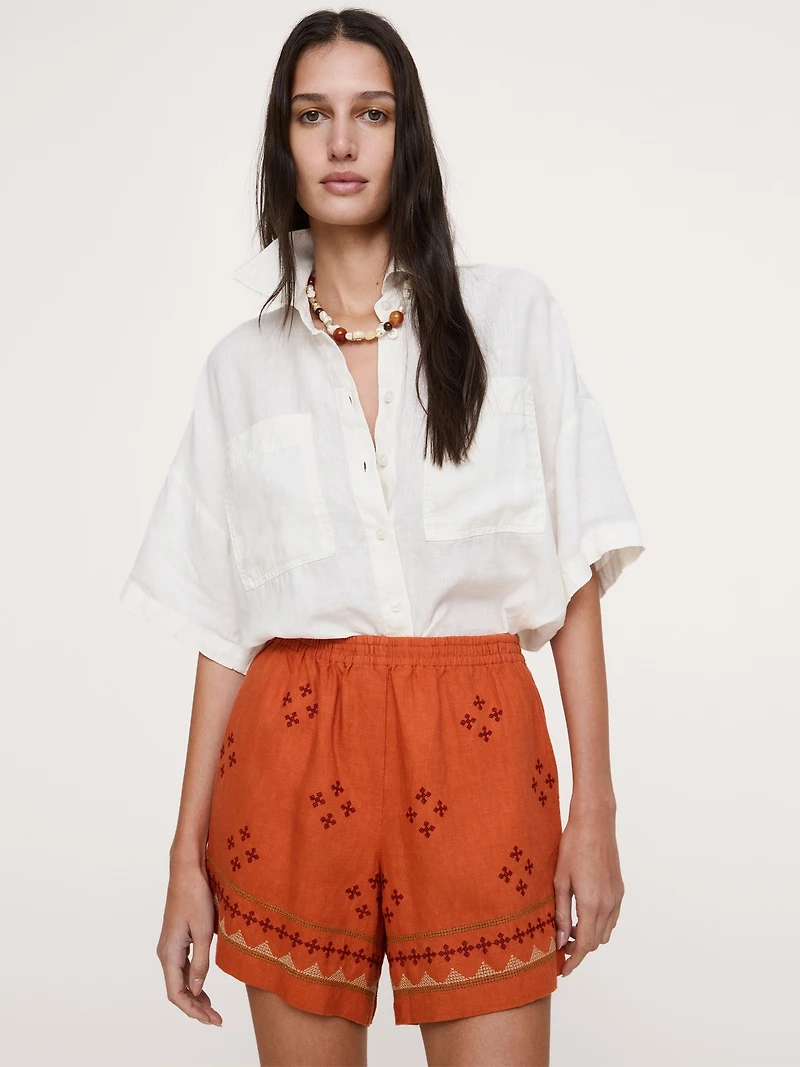 Embroidered Linen 4" Pull-On Short