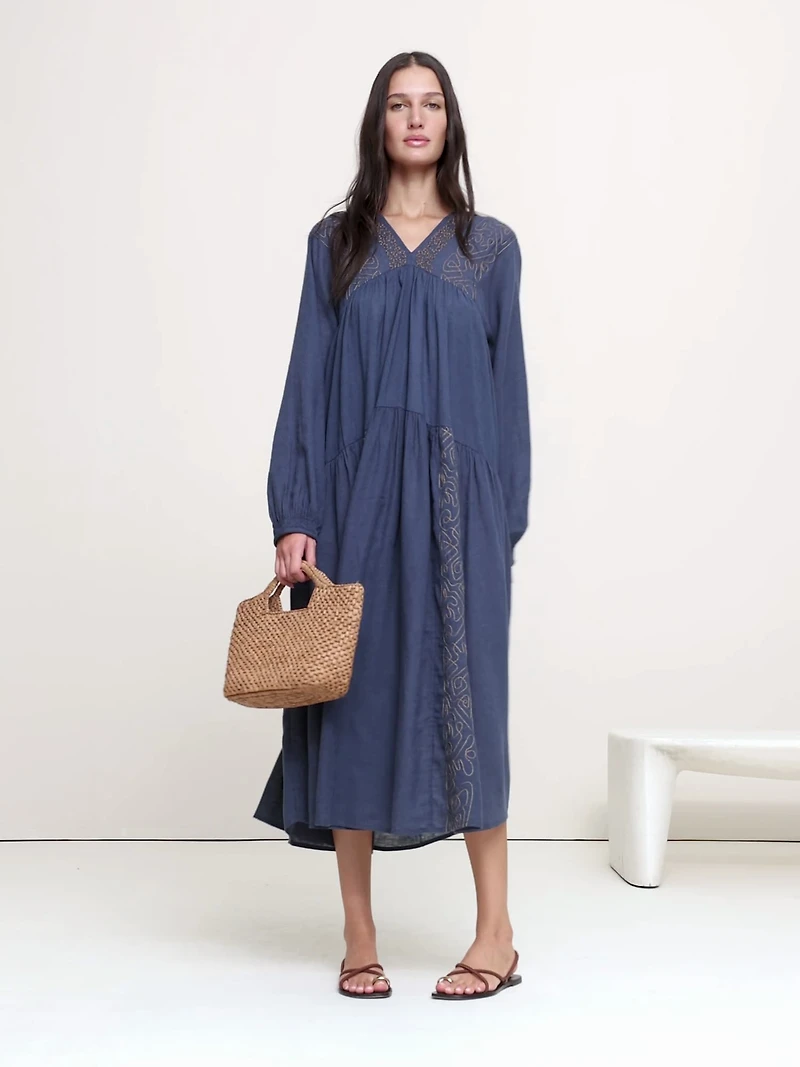 Linen-Cotton Trapeze Maxi Dress