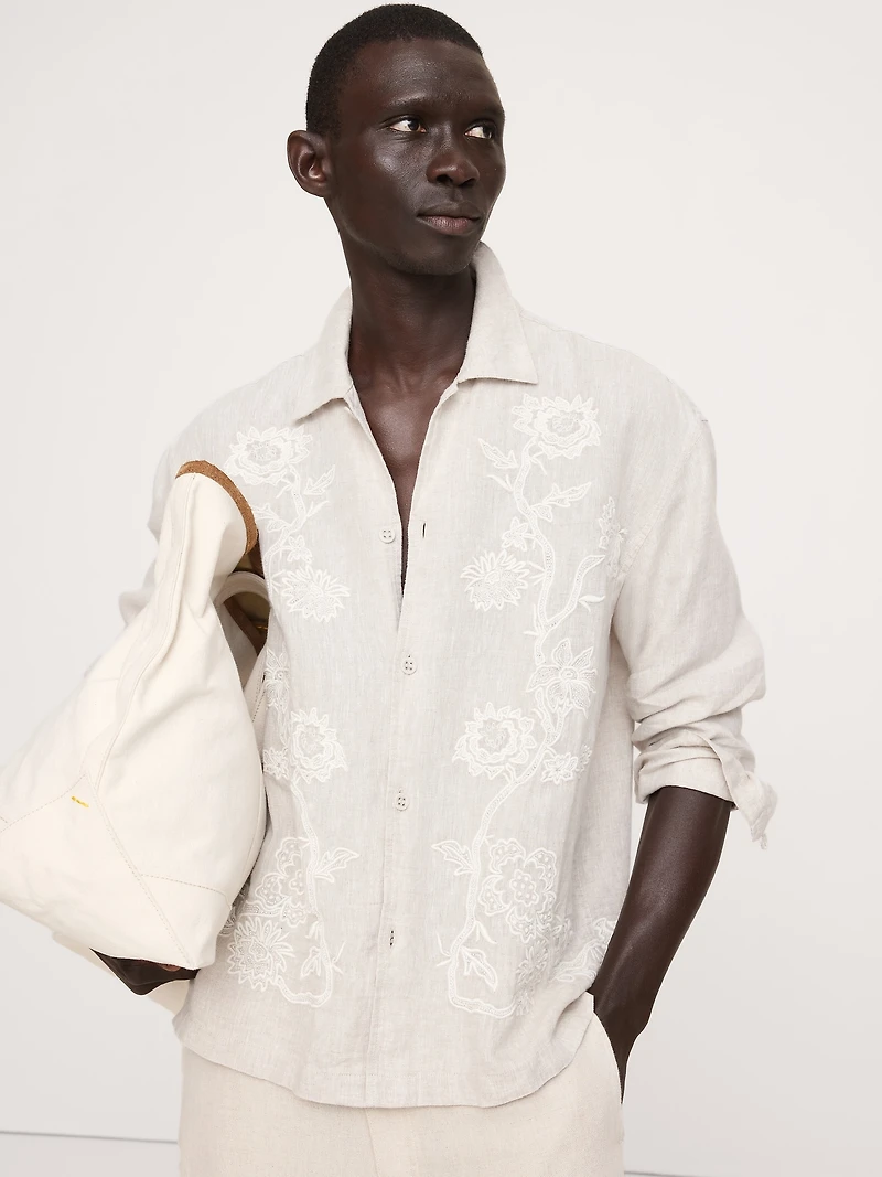 Relaxed-Fit Embroidered Linen Long-Sleeve Resort Shirt