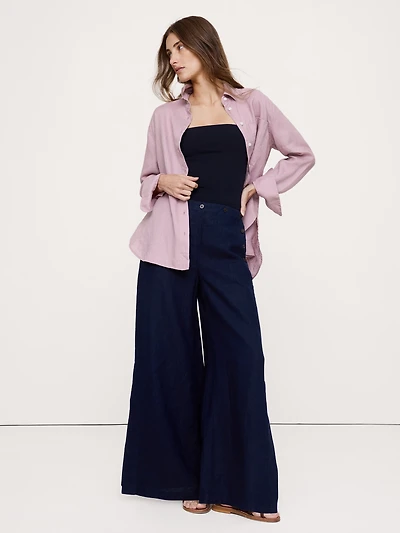 High-Rise Wide-Leg Linen Pull-On Sailor Pant
