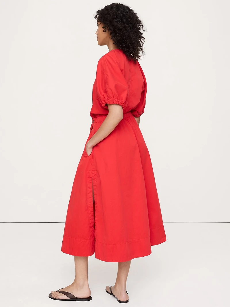 Cotton Twill Puff-Sleeve Midi Dress