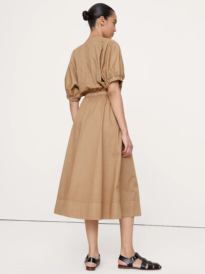 Cotton Twill Puff-Sleeve Midi Dress