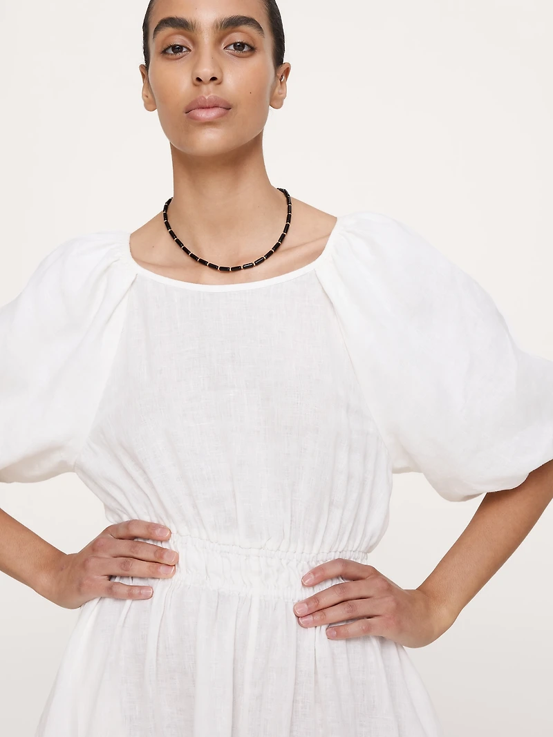 Linen Puff-Sleeve Maxi Dress