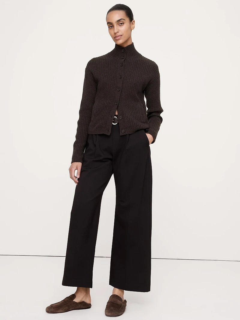 Merino-Cotton Mock Neck Cardigan