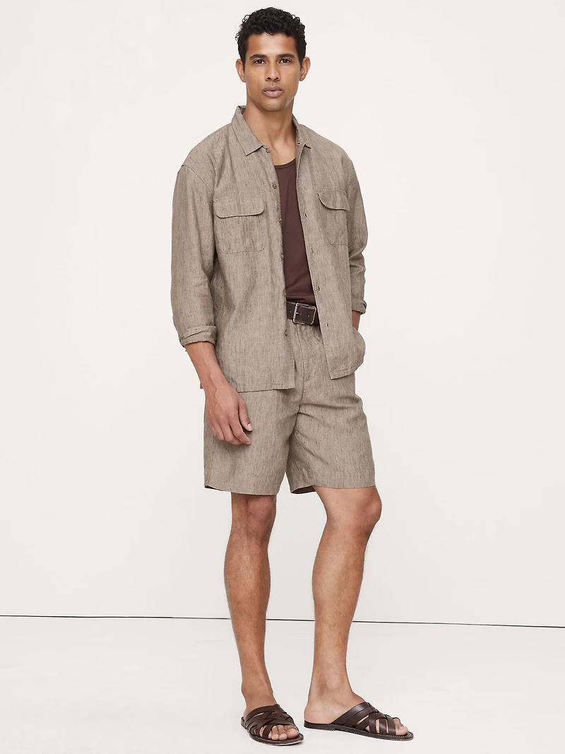 9" Pleated Linen-Cotton Pull-On Short