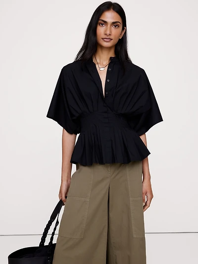 Cotton Poplin Pleated-Waist Top
