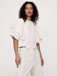 Eyelet Chambray Ruffle-Sleeve Top