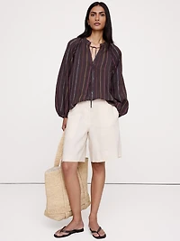 Linen Ruffle-Neck Top