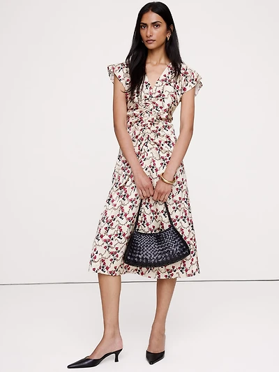 Stretch-Satin Flutter-Sleeve Midi Dress