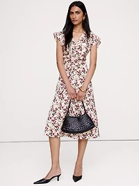 Stretch-Satin Flutter-Sleeve Midi Dress