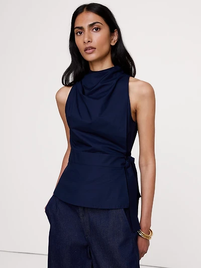 Cotton Poplin Cowl-Neck Tank