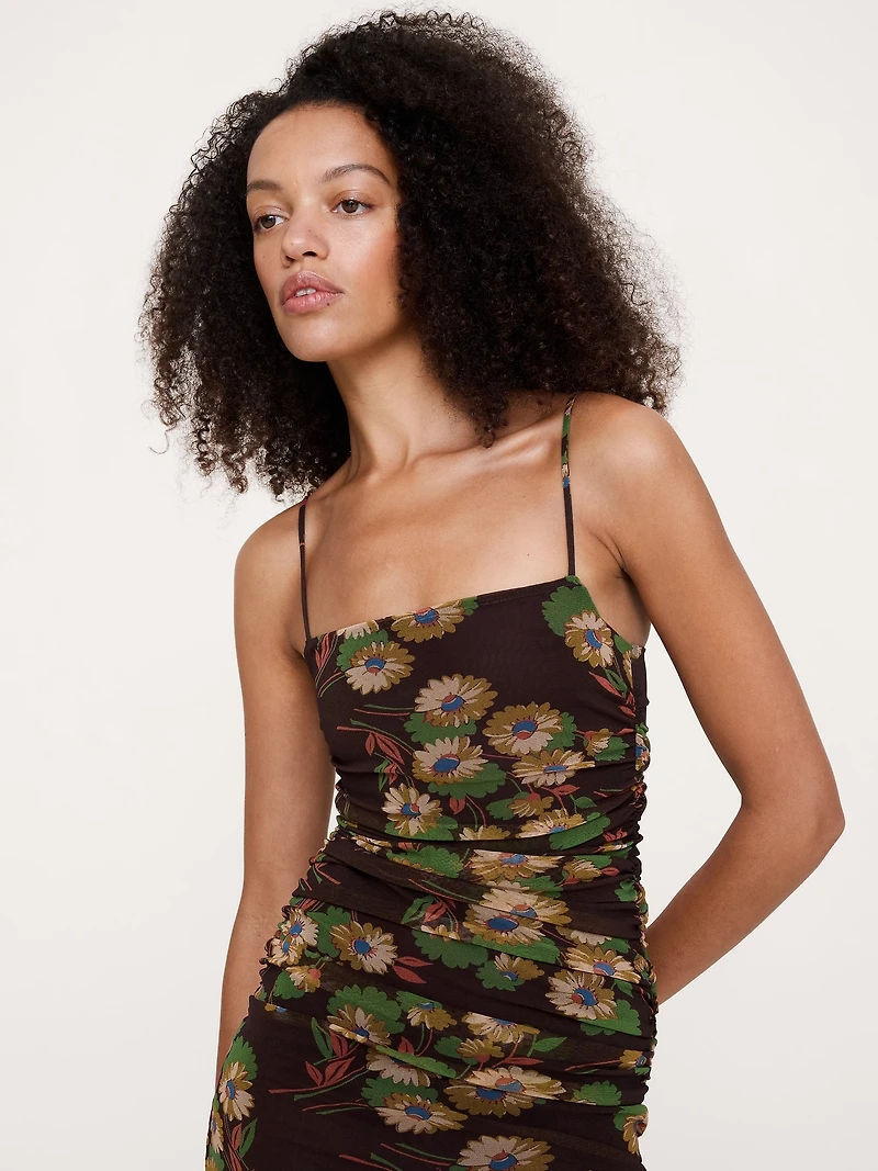 Ruched Mesh Midi Dress