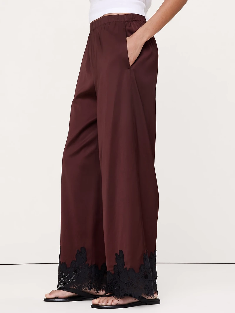 Stretch-Satin Lace-Trim Pull-On Pant