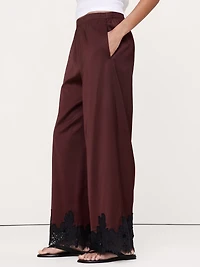 Stretch-Satin Lace-Trim Pull-On Pant