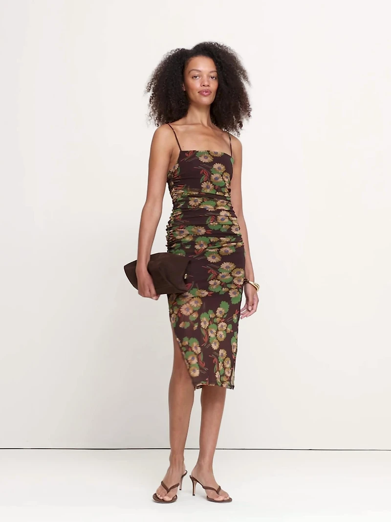 Ruched Mesh Midi Dress