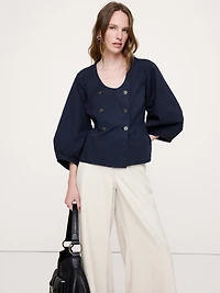 Cotton Canvas Puff-Sleeve Top