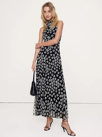 Mesh Tie-Neck Maxi Dress