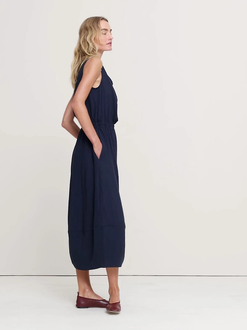 Drapey Twill Cowl-Neck Midi Dress