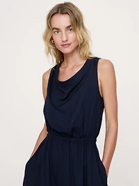 Drapey Twill Cowl-Neck Midi Dress
