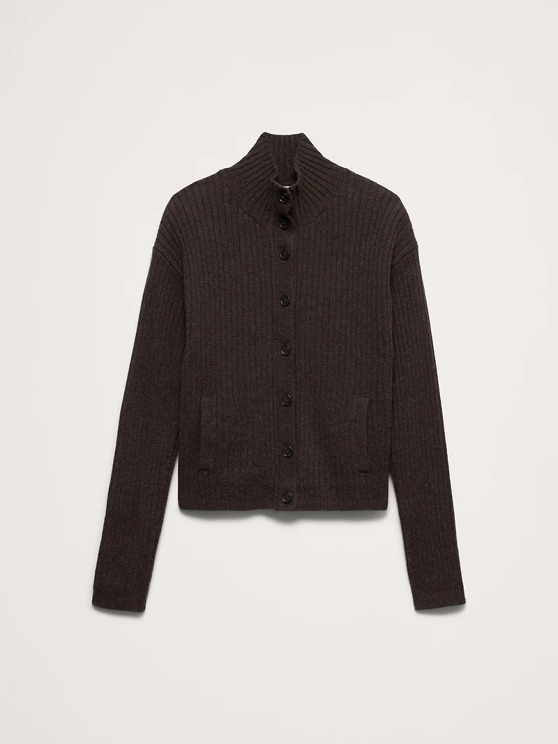 Merino-Cotton Mock Neck Cardigan