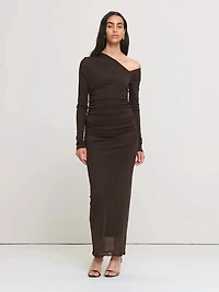 Mesh Asymmetric Ruched Maxi Dress
