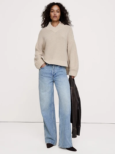 Oversized Merino-Cotton High V-Neck Sweater