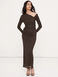 Mesh Asymmetric Ruched Maxi Dress