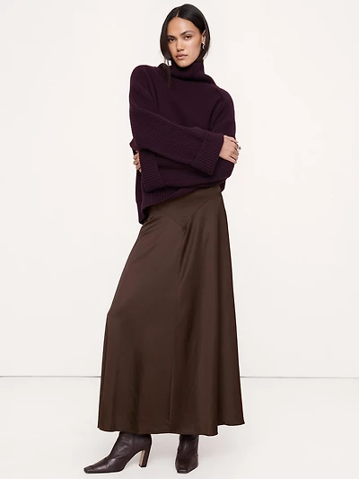 Stretch-Satin Basque-Waist Maxi Skirt