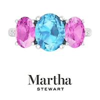 Lab Created Martha Stewart 5 Carat Oval Shape Blue Topaz, Pink Sapphire and Grown Diamond Three Stone Plus Ring Sterling Silver