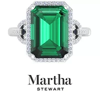 Lab Created Martha Stewart 7 1/3 Carat Emerald Cut Gemstone and Grown Diamond Halo Ring Sterling Silver
