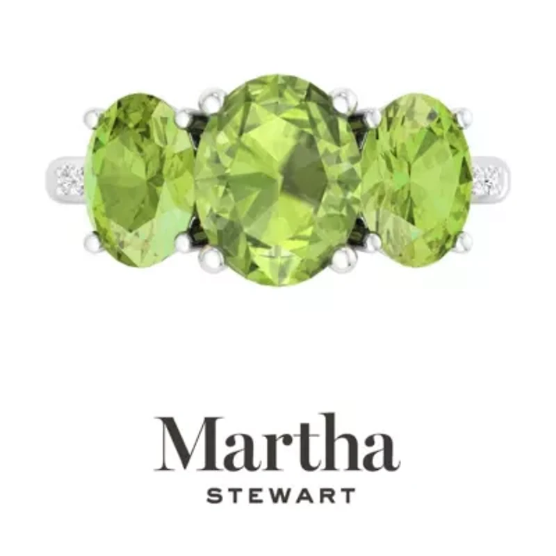 Lab Created Martha Stewart 5 Carat Oval Shape Peridot and Grown Diamond Three Stone Plus Ring Sterling Silver