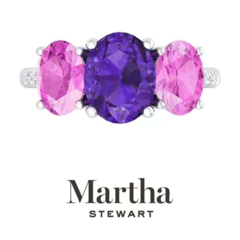 Lab Created Martha Stewart 5 Carat Oval Shape Amethyst, Pink Sapphire and Grown Diamond Three Stone Plus Ring Sterling Silver