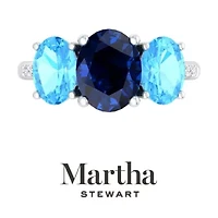 Lab Created Martha Stewart 5 Carat Oval Shape Sapphire, Blue Topaz and Grown Diamond Three Stone Plus Ring Sterling Silver
