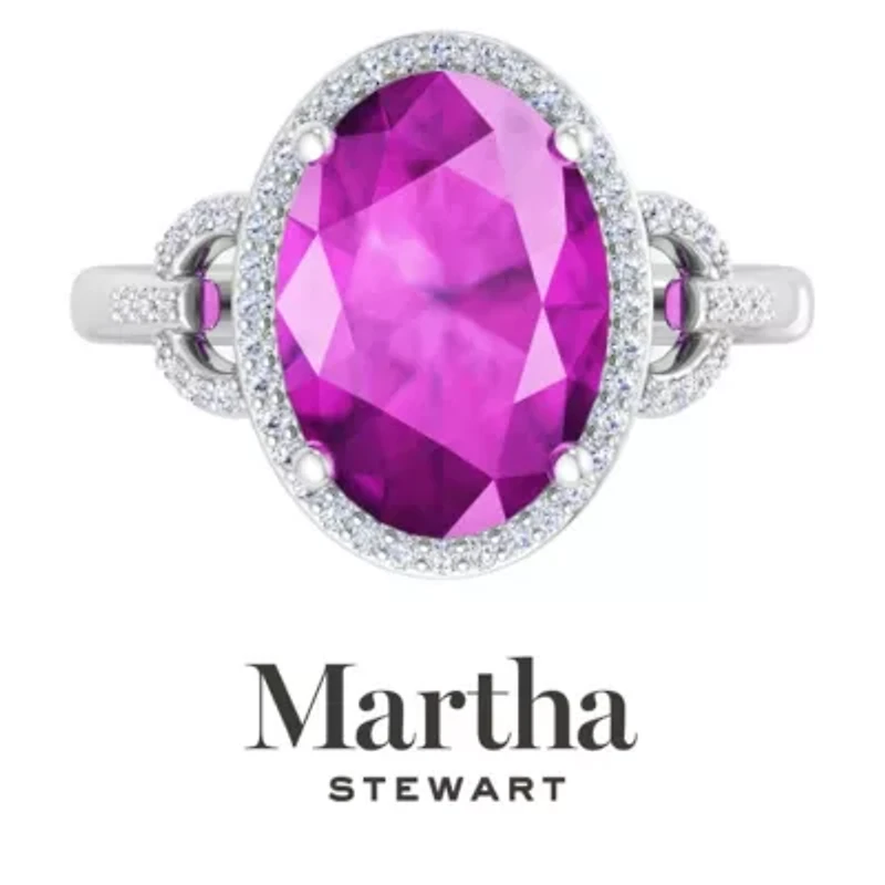 Lab Created Martha Stewart 6 3/4 Carat Oval Shape Gemstone and Grown Diamond Halo Ring Sterling Silver