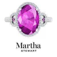 Lab Created Martha Stewart 6 3/4 Carat Oval Shape Gemstone and Grown Diamond Halo Ring Sterling Silver