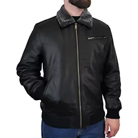 Men's Genuine Leather Quilted Lined Jacket with Sherpa Collar