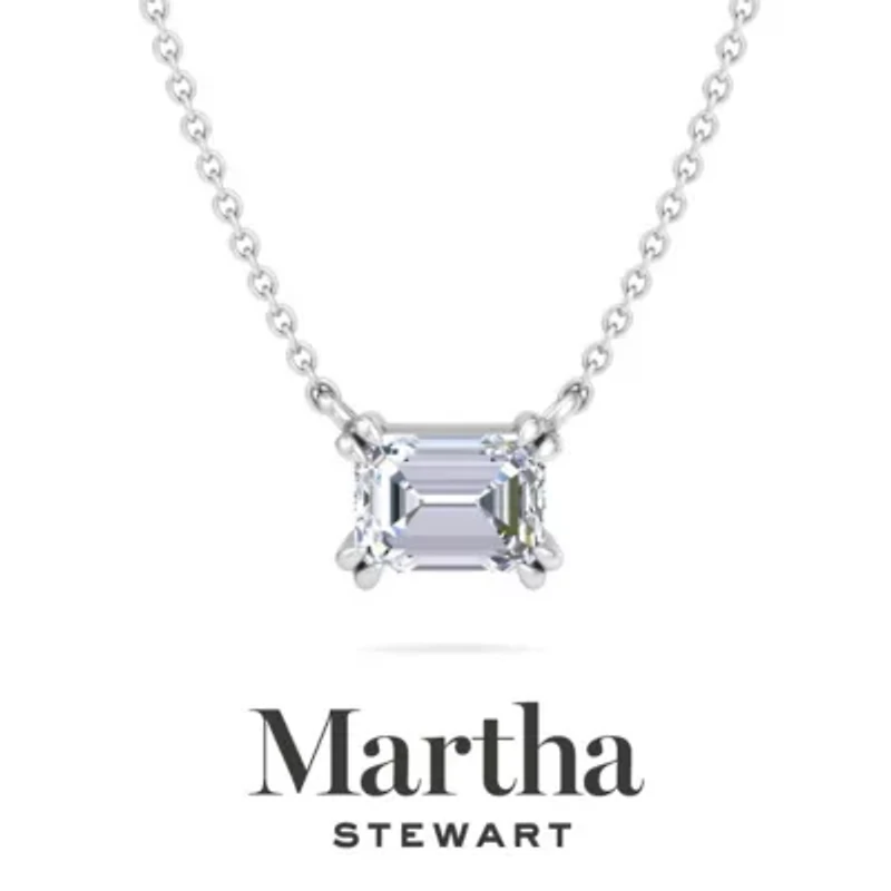 Lab Created 1 Carat Emerald Cut Grown Diamond Solitaire Necklace Available 14K White and Yellow Gold