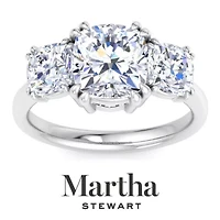 Lab Created Martha Stewart 5 Carat Cushion Cut Grown Diamond Three Stone Engagement Ring Available 14K White and Yellow Gold