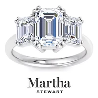 Lab Created Martha Stewart 5 Carat Emerald Cut Grown Diamond Three Stone Engagement Ring Available 14K White and Yellow Gold