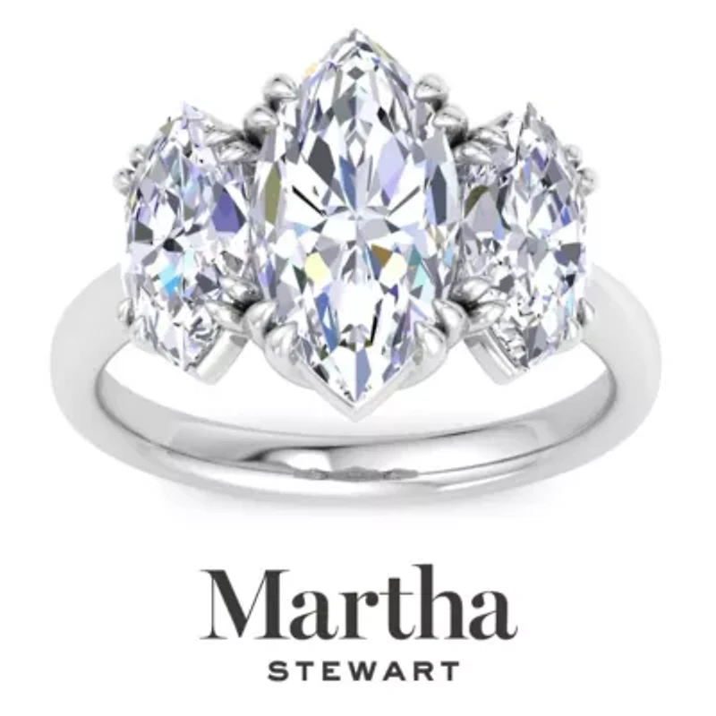 Lab Created Martha Stewart 5 Carat Marquise Shape Grown Diamond Three Stone Engagement Ring Available 14K White and Yellow Gold