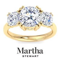 Lab Created 5 Carat Cushion Cut Grown Diamond Three Stone Engagement Ring Available 14K White and Yellow Gold