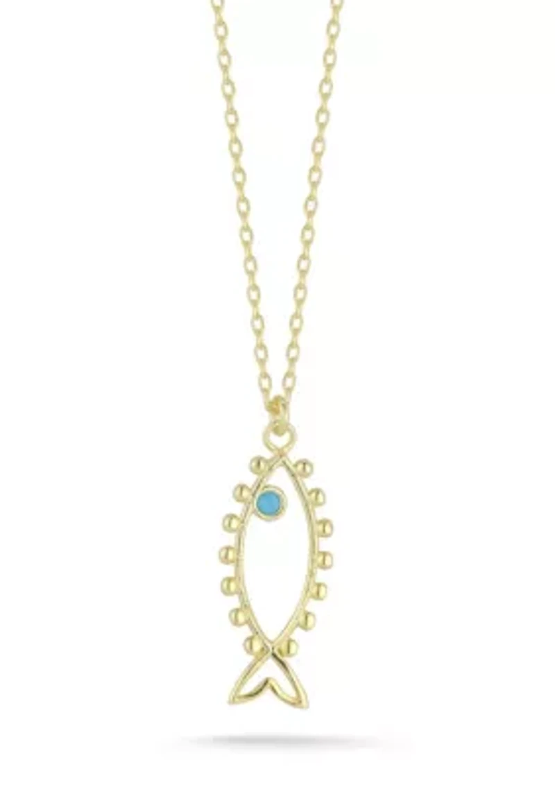 Sterling Silver Synthetic Turquoise Open Fish Pendant Necklace
